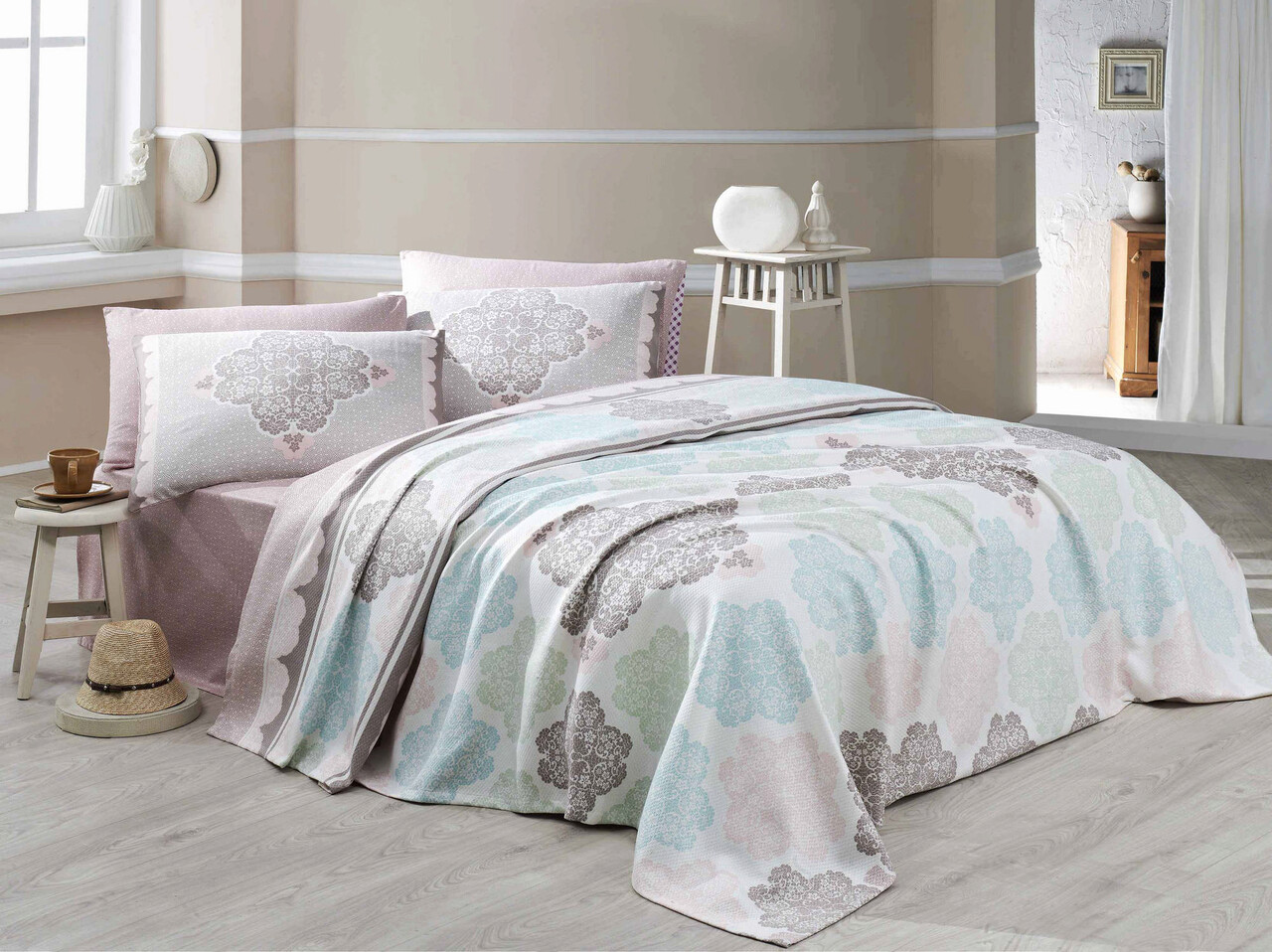 Set cuvertura pique dubla, L'essentiel Maison, Andalucia, Bumbac, Alb / Turcoaz / Verde / Bej - imagine 6